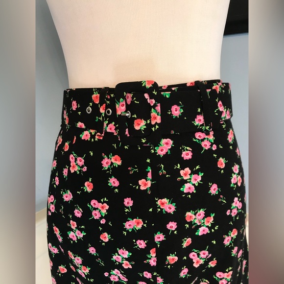 NWT Zara Straight Black Floral Midi Skirt with Belt and Front Slit - Picture 2 of 8